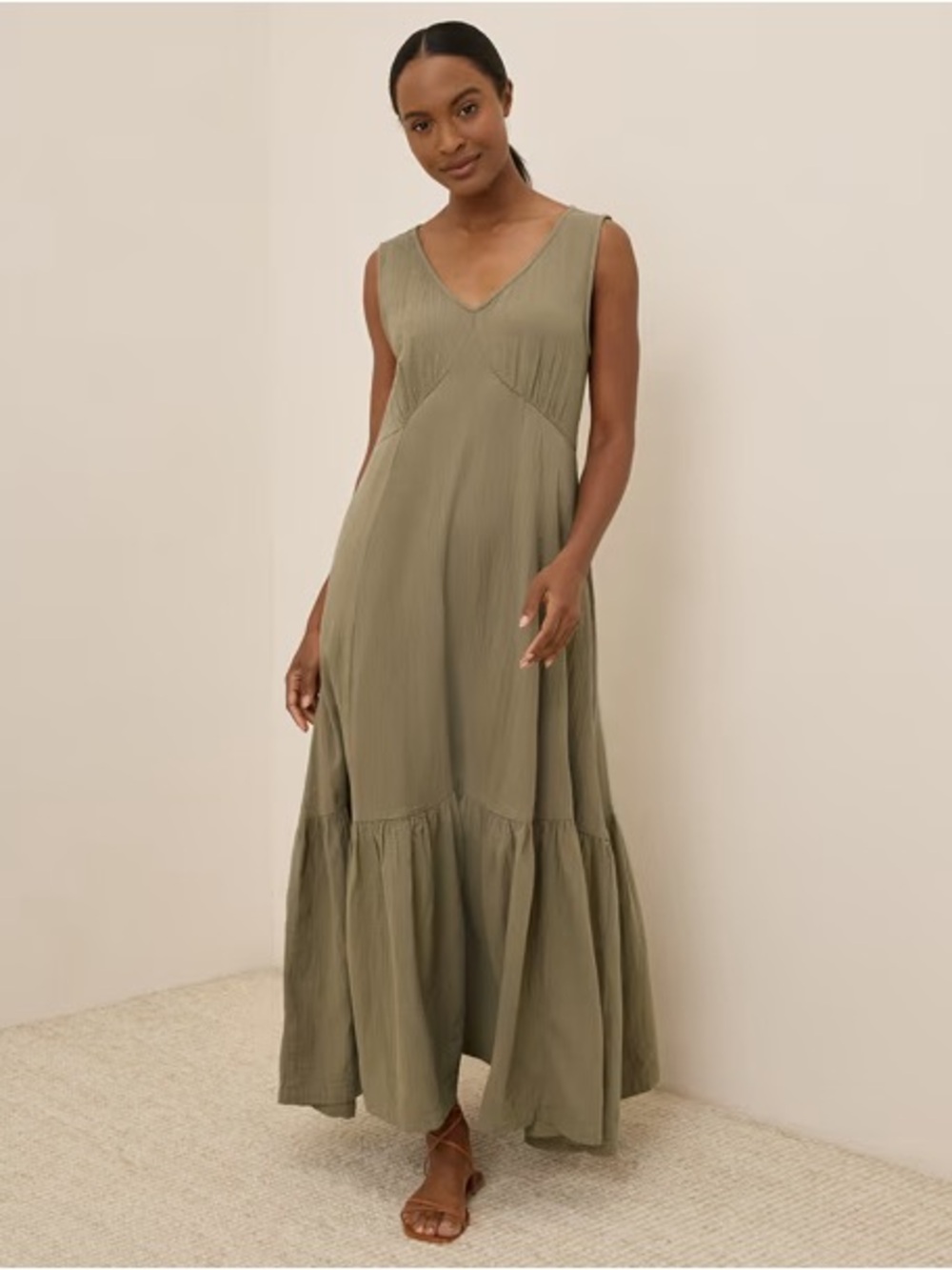 Pact Olive V-Neck Tiered Midi Dress